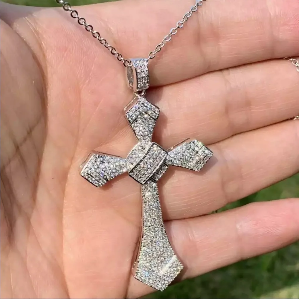 New Women’s Men 925 Silver Big Cross Diamond Necklace - Picture 2 of 7
